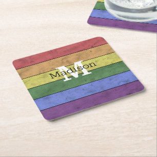 Porta-copo De Papel Quadrado Bandeira LGBT vintage orgulho monograma arco-íris 