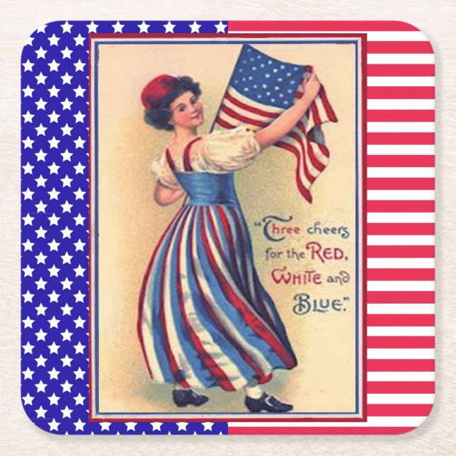 Porta-copo De Papel Quadrado Bandeira Patriótica Lady Liberty 4 de julho (Frente)