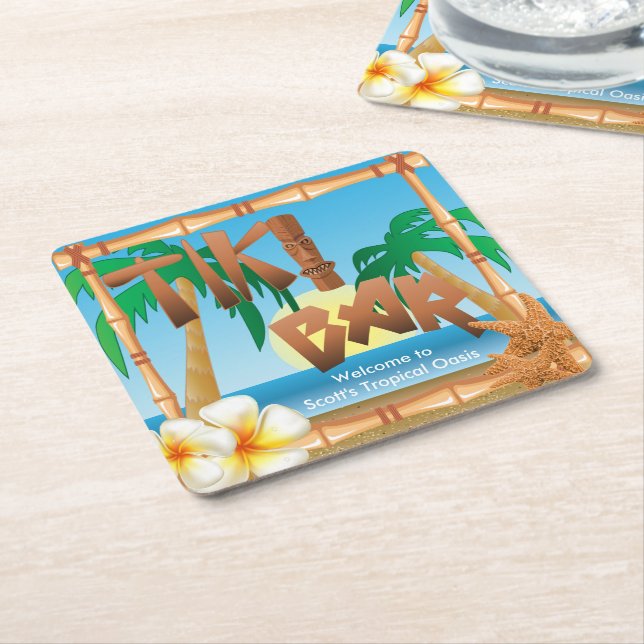 Porta-copo De Papel Quadrado Bar Tiki Personalizar Oásis Tropicais (Inclinado)