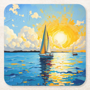 Porta-copo De Papel Quadrado Barco à vela ao pôr do sol