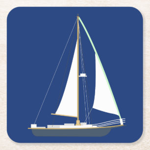 Porta-copo De Papel Quadrado Barco à Vela Azul e Branco Marinho - Praia do Ocea