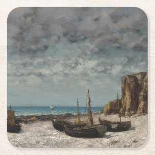 Porta-copo De Papel Quadrado Barcos em praia, Etretat - Gustave Courbet