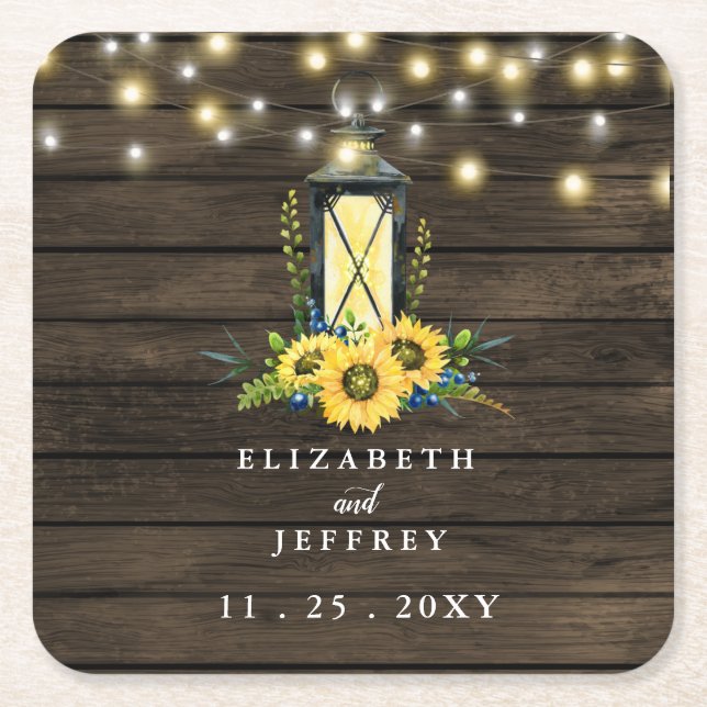 Porta-copo De Papel Quadrado Barn Wood String Luzes Sunflower Casamento (Frente)