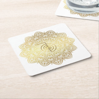 Porta-copo De Papel Quadrado Bases de Cho Ku Rei Mandala Dourado Símbolo Reiki