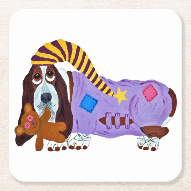 Porta-copo De Papel Quadrado Basset Hound in PJs with teddy bear (Frente)