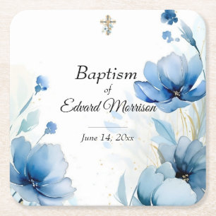 Porta-copo De Papel Quadrado Batismo Azul-Derramante Floral Elegante