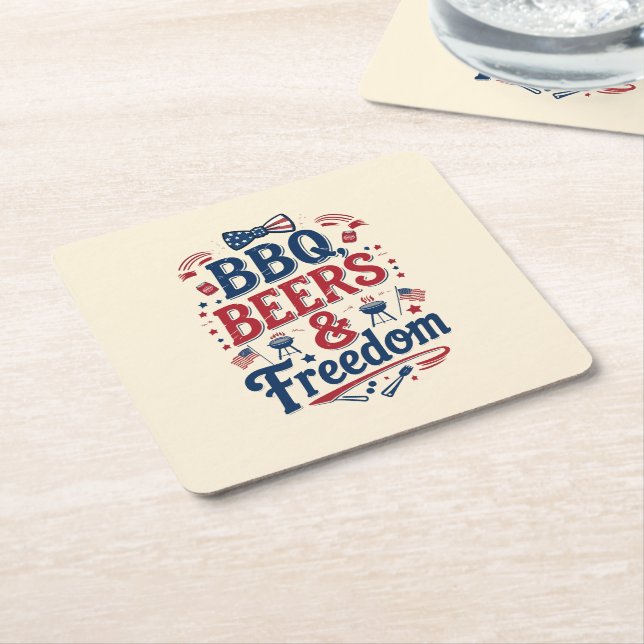 Porta-copo De Papel Quadrado BBQ, Beers & Freedom – Retro 4th of July Vibes (Inclinado)
