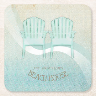 Porta-copo De Papel Quadrado Beach House Adirondack Chairs Aqua Blue ID623