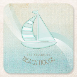 Porta-copo De Papel Quadrado Beach House NMaritime boat Aqua Blue ID623