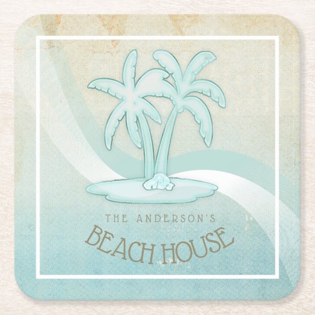 Porta-copo De Papel Quadrado Beach House Palm Trees Aqua ID623 (Frente)