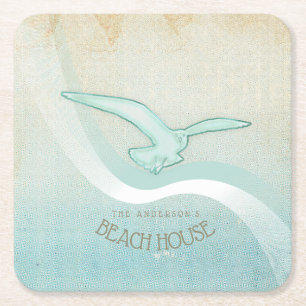 Porta-copo De Papel Quadrado Beach House Seagull Aqua Blue ID623