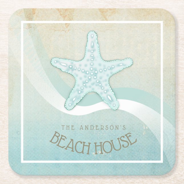 Porta-copo De Papel Quadrado Beach House - Starfish Aqua Blue ID623 (Frente)