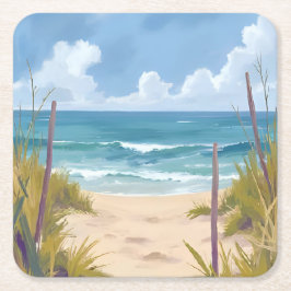 Porta-copo De Papel Quadrado Beach Path | Ocean Watercolor Coastal Painted