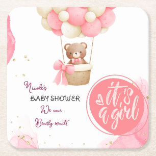 Porta-copo De Papel Quadrado Bear Urso Bebê, Rosa Dourado, Chá de fraldas de Ba