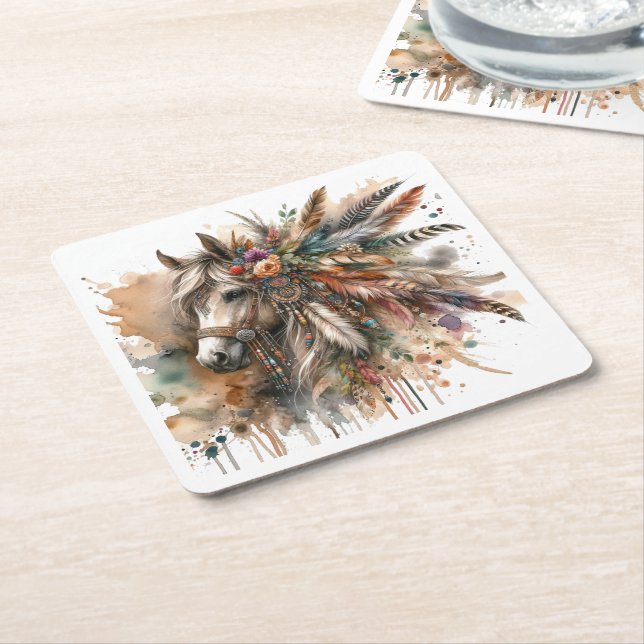 Porta-copo De Papel Quadrado Beautiful Boho Horse  (Inclinado)