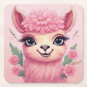 Porta-copo De Papel Quadrado Bebê Lama Sorriso Rosa