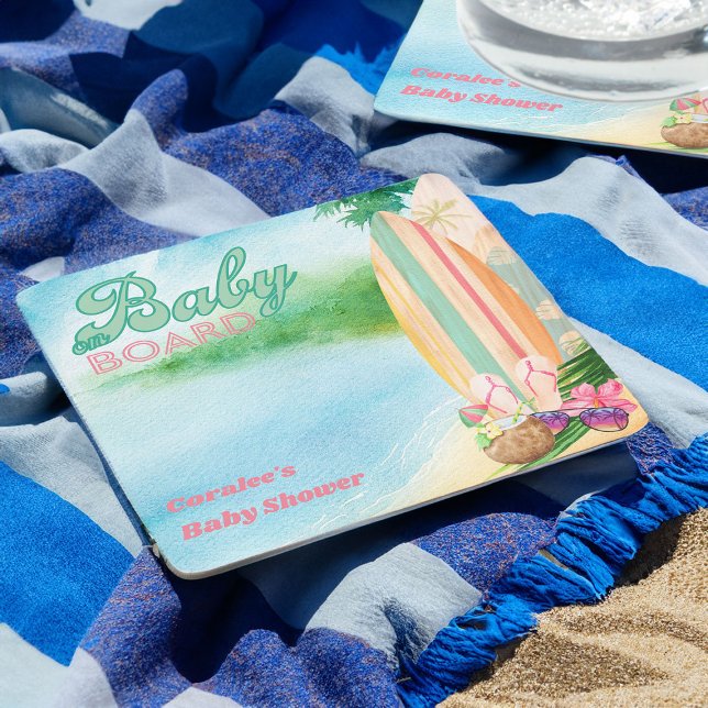 Porta-copo De Papel Quadrado Bebê no Conselho Tropical Summer Beach (Baby on Board surfing scene coasters from my Baby on Board baby shower collection)