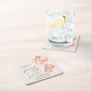 Porta-copo De Papel Quadrado Bebê Urso, Balões Rosa, Primeiro Aniversário