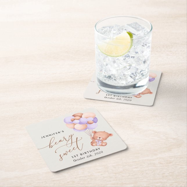 Porta-copo De Papel Quadrado Bebê Urso, Balões Roxos, Primeiro Aniversário (Insitu)