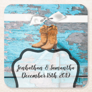 Porta-copo De Papel Quadrado Beber Coasters Blue Wood Barn Door Boots País