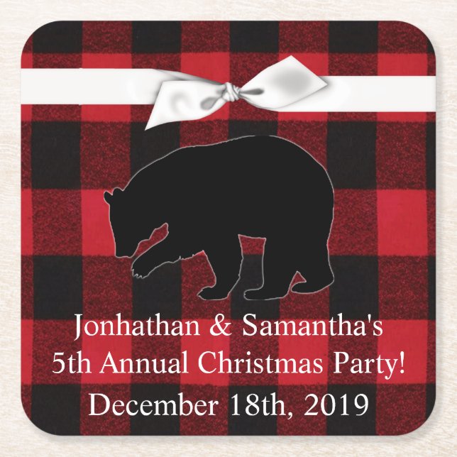 Porta-copo De Papel Quadrado Beber Coasters Red Xadrez Urso Preto (Frente)
