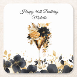Porta-copo De Papel Quadrado Bebidas de Cocktail Floral Ouro Preto Aniversário 