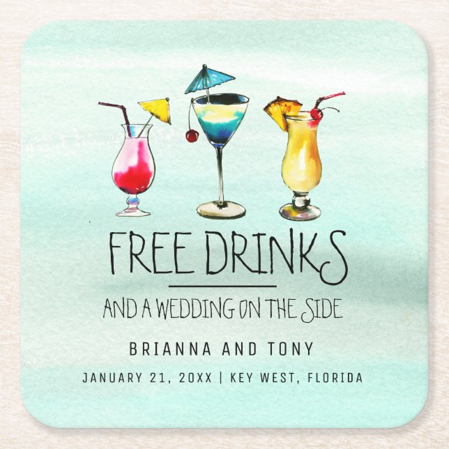 Porta-copo De Papel Quadrado Bebidas tropicais Bebidas grátis Salvar a Data (Frente)