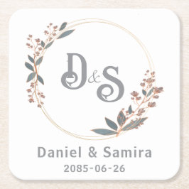 Porta-copo De Papel Quadrado Bege e Azul Floral Nome Personalizado Elegante