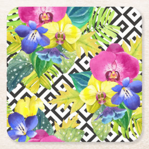 Porta-copo De Papel Quadrado Begónia e folhas de palmeira da orquídea