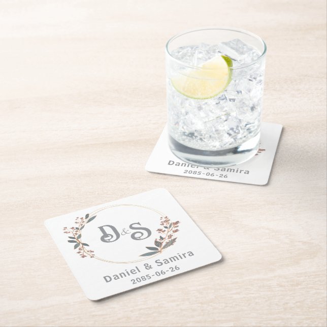 Porta-copo De Papel Quadrado Beige and Blue Floral Custom Name Elegant  (Insitu)