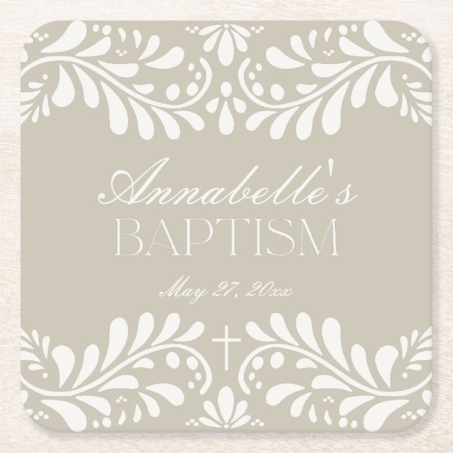 Porta-copo De Papel Quadrado Beige Talavera Azulejo Espanhol Fiesta Baptism (Frente)