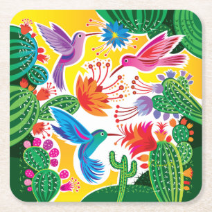 Porta-copo De Papel Quadrado Beija-flores e Cactos Floridos