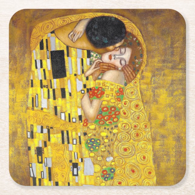Porta-copo De Papel Quadrado  Beijo - Gustav Klimt   (Frente)