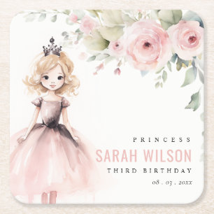 Porta-copo De Papel Quadrado Bela princesa rosa Rosa Floral Aniversário