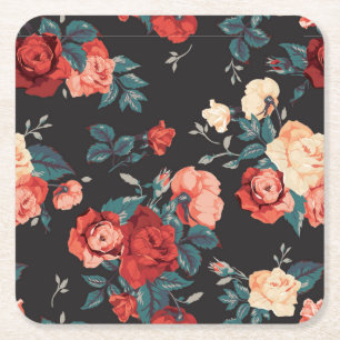 Porta-copo De Papel Quadrado Belas Rosas Vermelhas e Pêssego Desenhadas à Mão