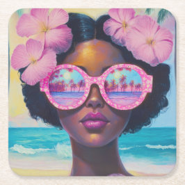 Porta-copo De Papel Quadrado Beleza tropical em tons de rosa