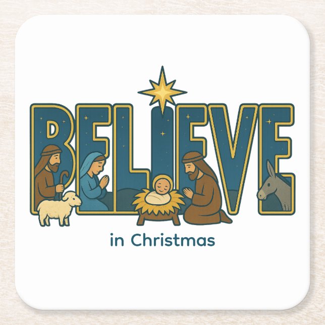 Porta-copo De Papel Quadrado Believe nativity  (Frente)