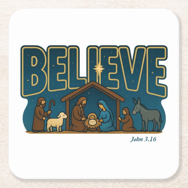 Porta-copo De Papel Quadrado Believe Nativity (Frente)