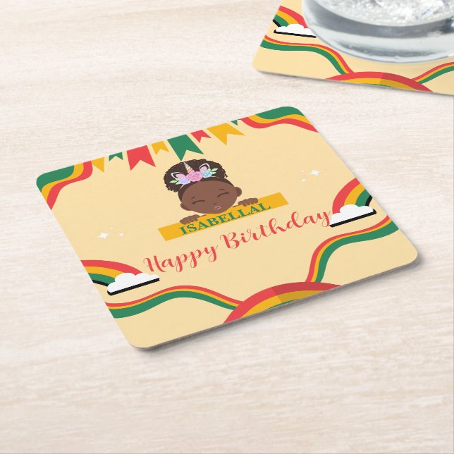 Porta-copo De Papel Quadrado Belo aniversário de meninas africanas afro-america (Inclinado)