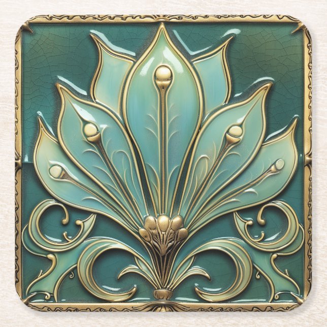 Porta-copo De Papel Quadrado Belo Art Deco Turquoise Verde Dourado (Frente)