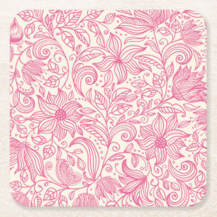 Porta-copo De Papel Quadrado Belo Desenho Floral De Mão Rosa Desenhado