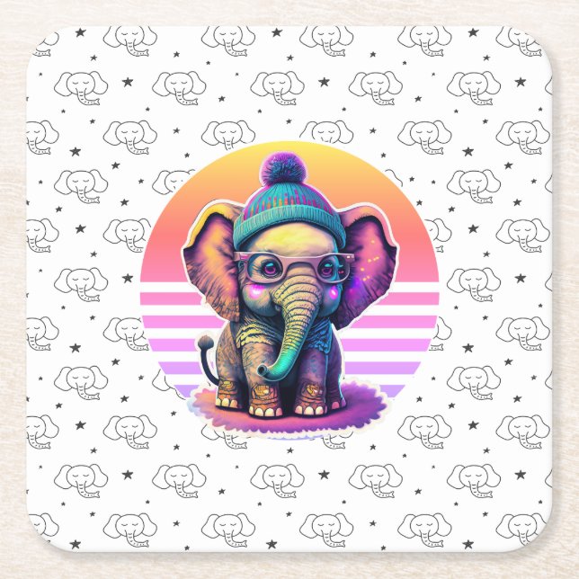 Porta-copo De Papel Quadrado Belo Elefante para Bebê com Óculos e Beanie (Frente)