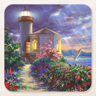 Porta-copo De Papel Quadrado Belo Farol em Arte Bela Sunset