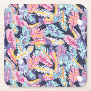 Porta-copo De Papel Quadrado Belo padrão de Penas Coloridas de Boho