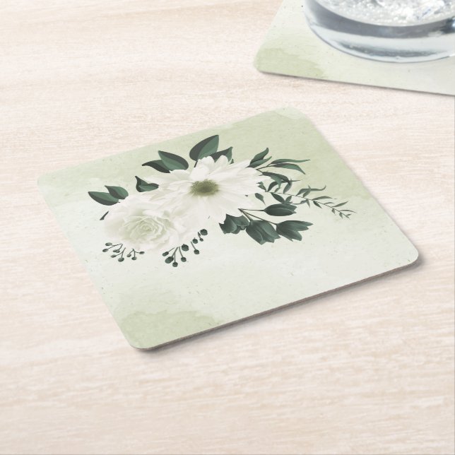 Porta-copo De Papel Quadrado belo verde floral branco (Inclinado)