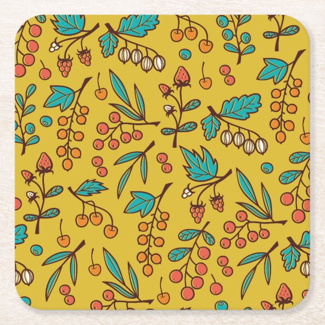 Porta-copo De Papel Quadrado Berries em galhos, padrão natural sem costura. (Frente)