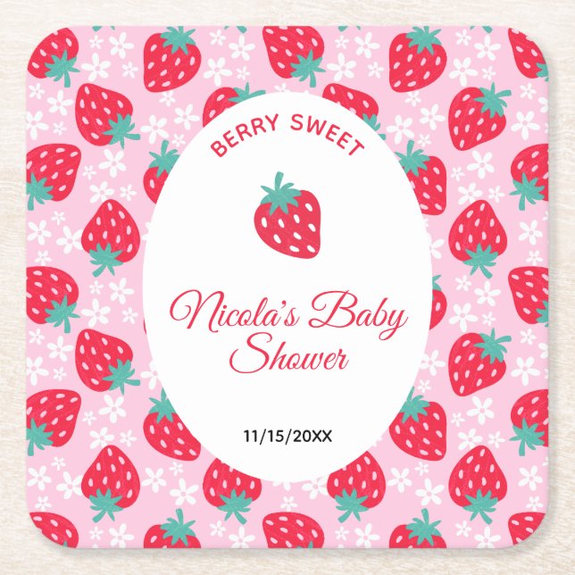 Porta-copo De Papel Quadrado Berry Sweet Pink Strawberry Baby Shower (Frente)