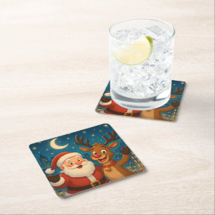 Porta-copo De Papel Quadrado Bibelinhos de Natal - Papai Noel e Rena - Decoraçã
