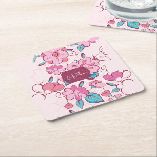 Porta-copo De Papel Quadrado Bibelô de Papel com Nome em Roteiro Flor de Rosa