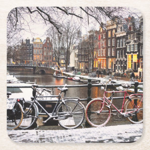 Porta-copo De Papel Quadrado Bicicletas na neve em Amsterdã